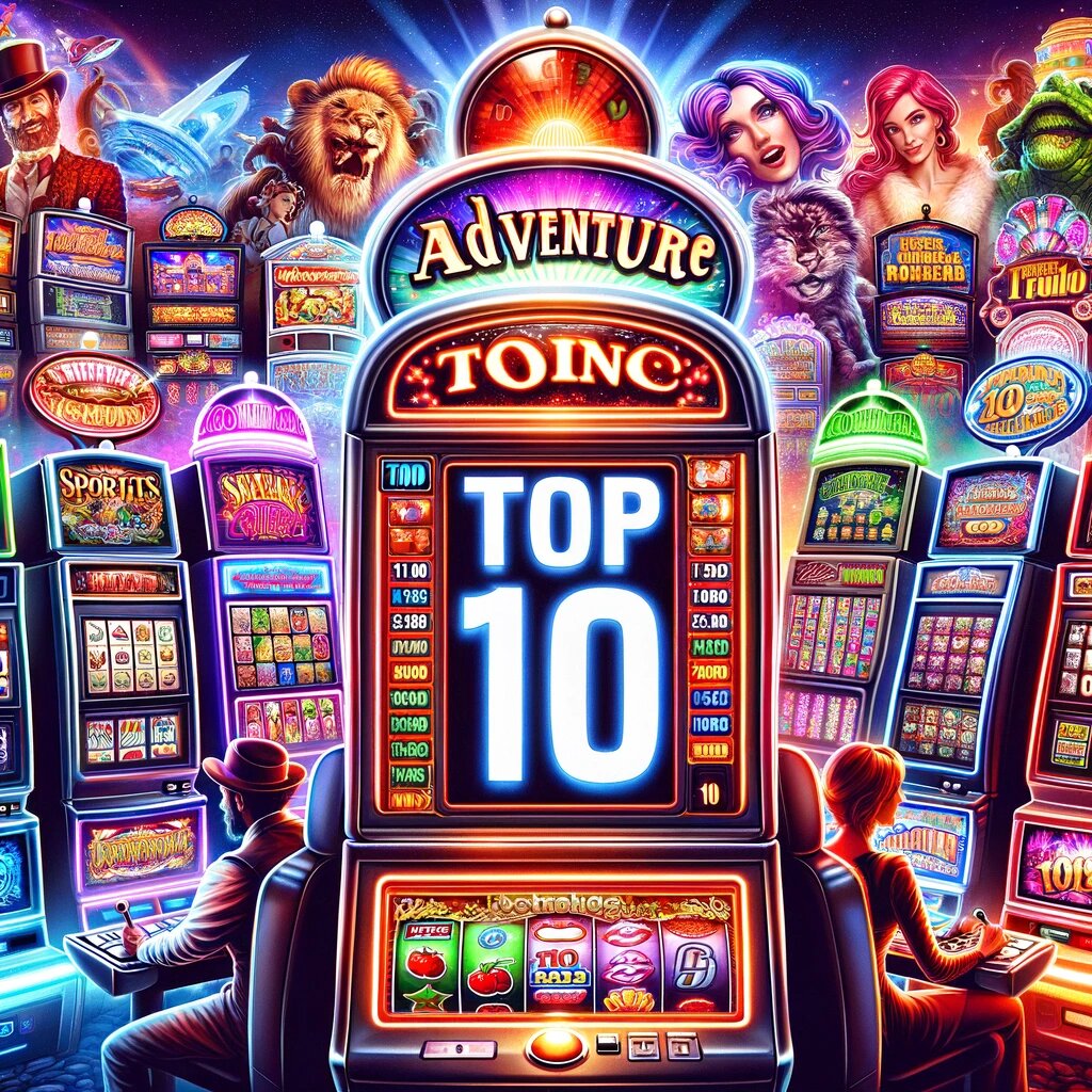 Een levendige afbeelding van een online casino met een 'Top 10' gokautomaat, omgeven door een scala aan kleurrijke slots en geconcentreerde spelers.
