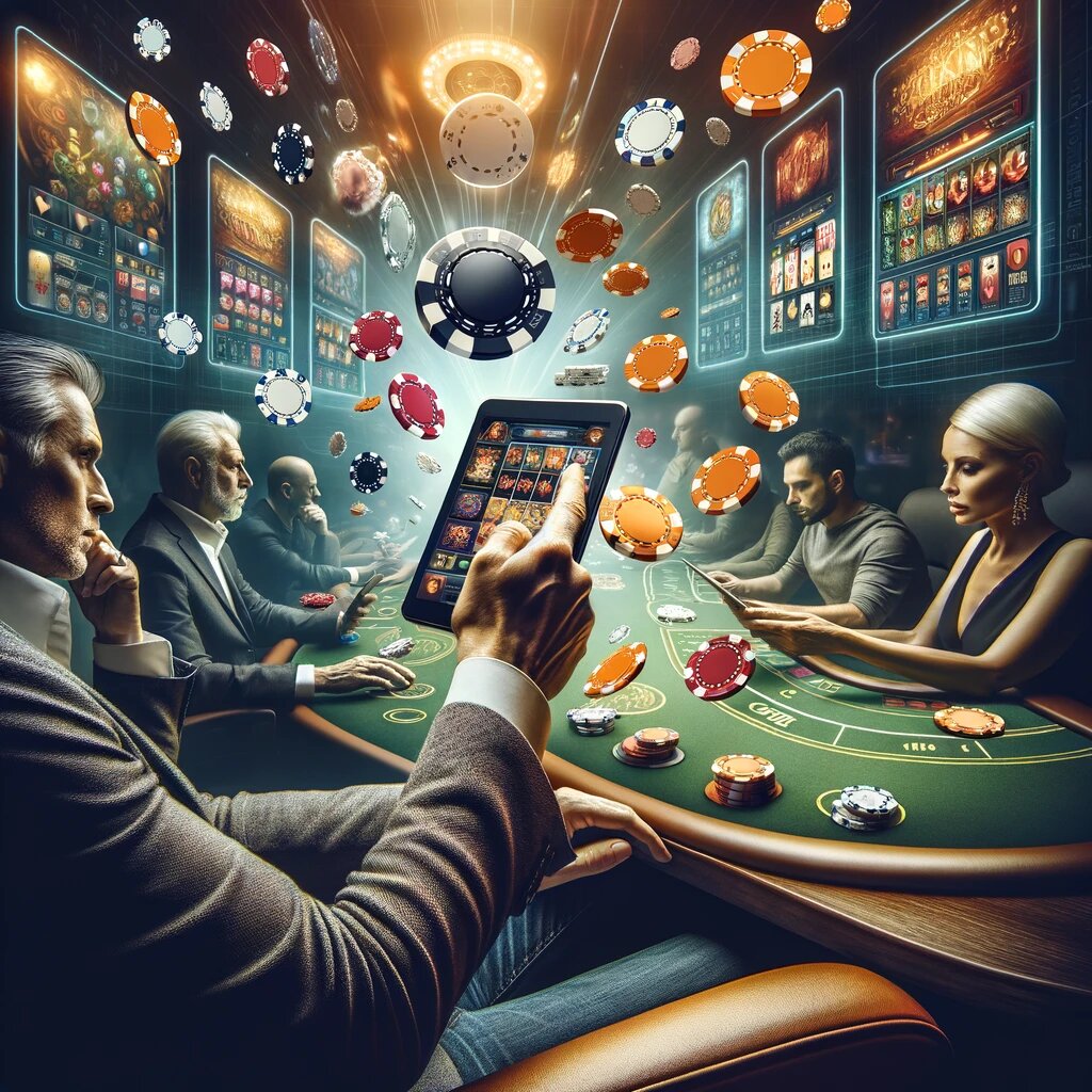 Spelers verdiepen zich in de wereld van online casino's, variërend van traditionele tafelspellen tot digitale slots, weergegeven in een sfeervolle setting.