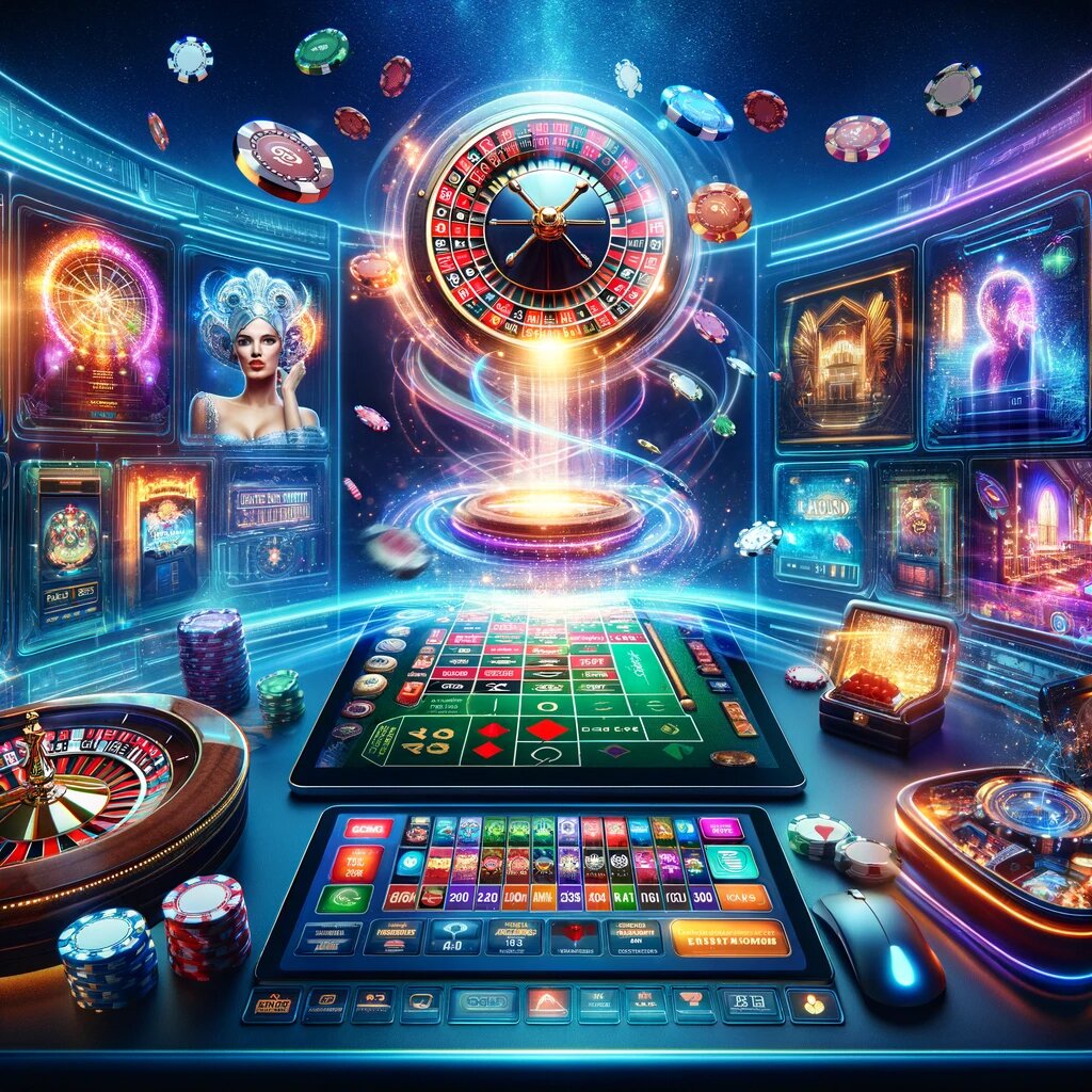 Een futuristische weergave van een online casino met een digitaal roulettewiel, zwevende fiches en holografische spelprojecties.