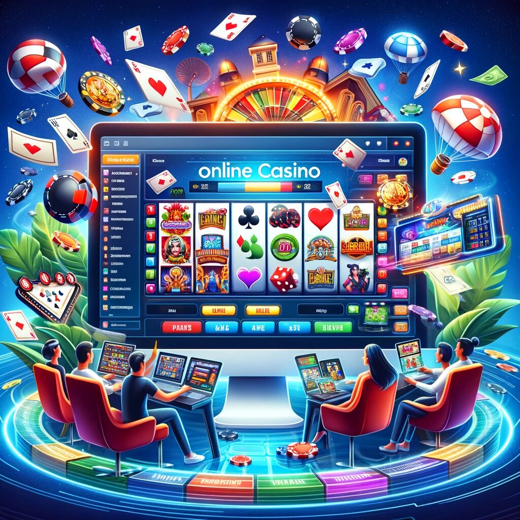 Een levendige en dynamische afbeelding van een online casino omgeving met spelers die interactief verschillende casinospellen spelen op computerschermen.